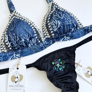 NWT Tropical Blue Boho Beaded Colombian Sexy Bikini Swimwear Bathing Suit Set